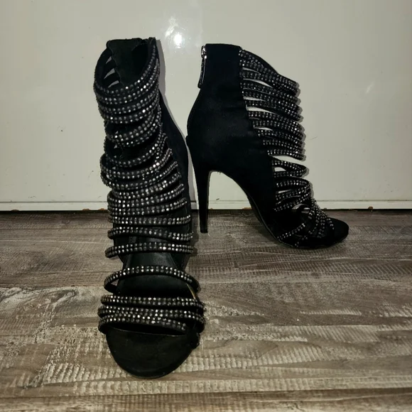 bebe Black Rhinestone Strappy Heels - Picture 1 of 4